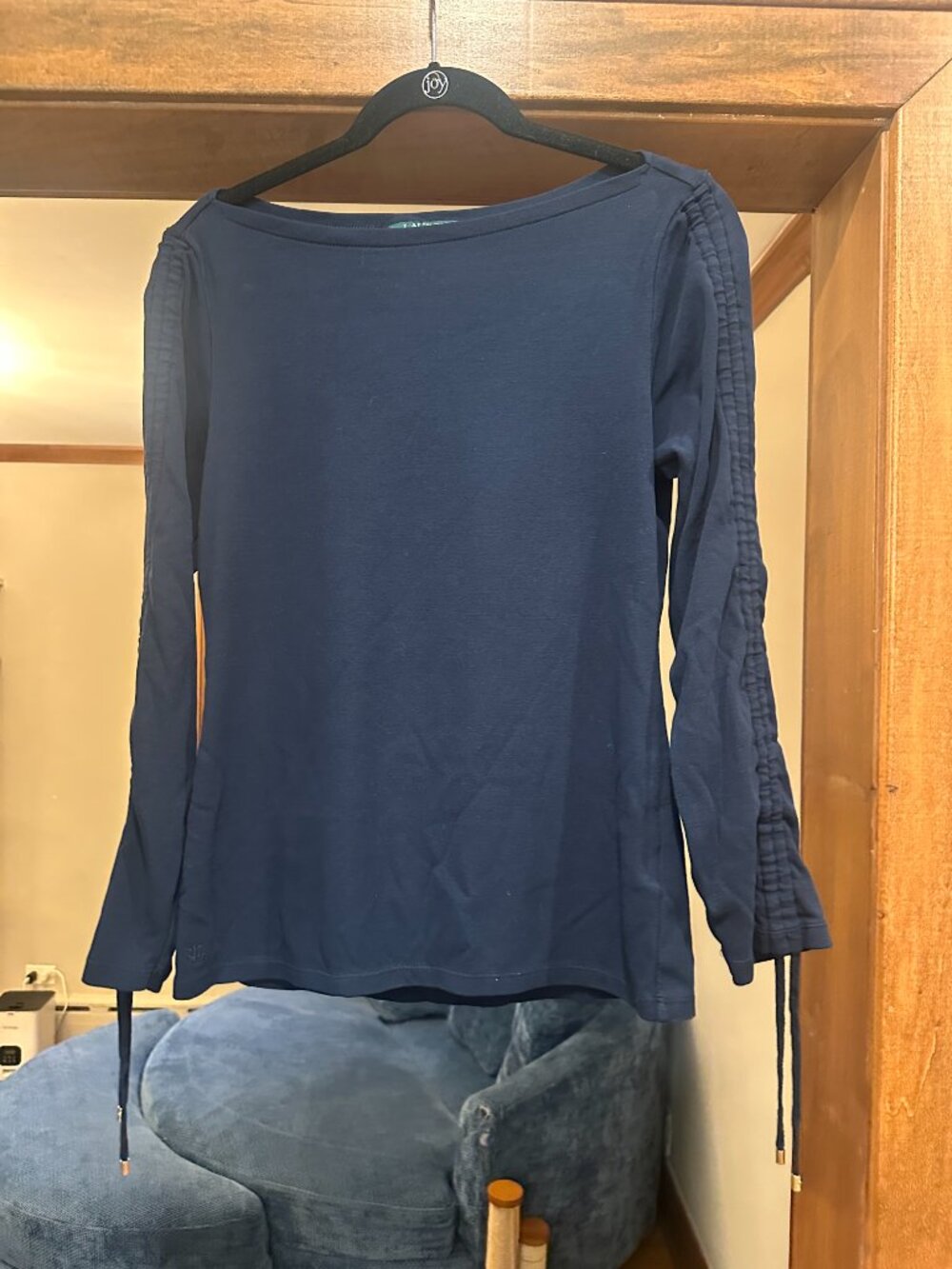 Lauren Ralph Lauren Navy Top with Sleeve Rouching, Size Large